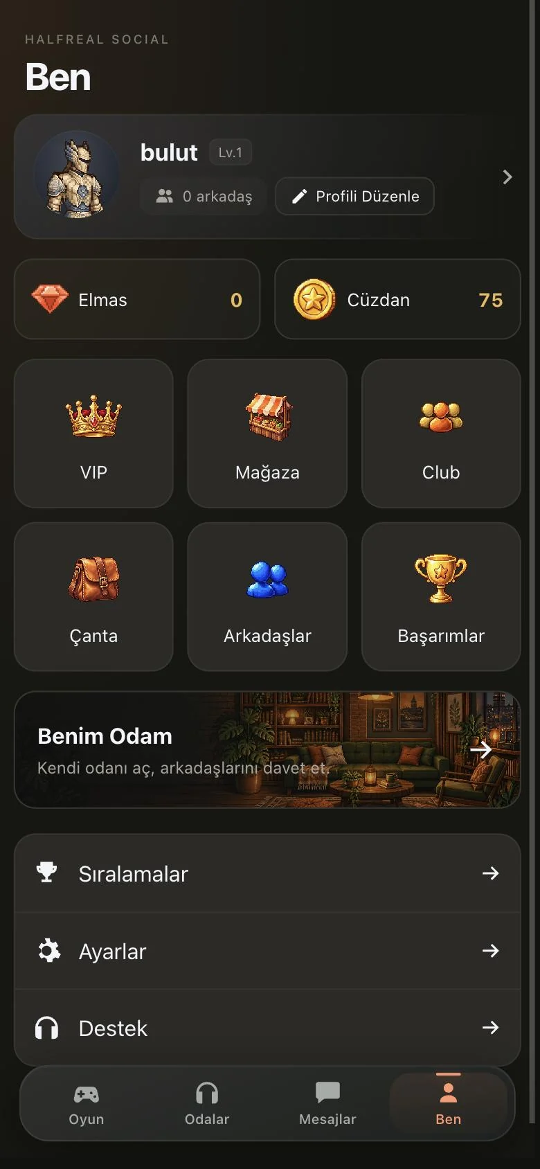 Profil ekranı: cüzdan, VIP, mağaza, çanta ve arkadaşlar