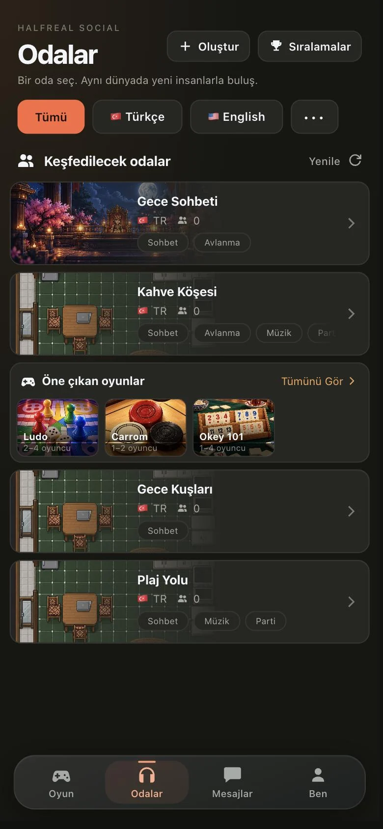Sosyal odalar listesi ve öne çıkan oyunlar