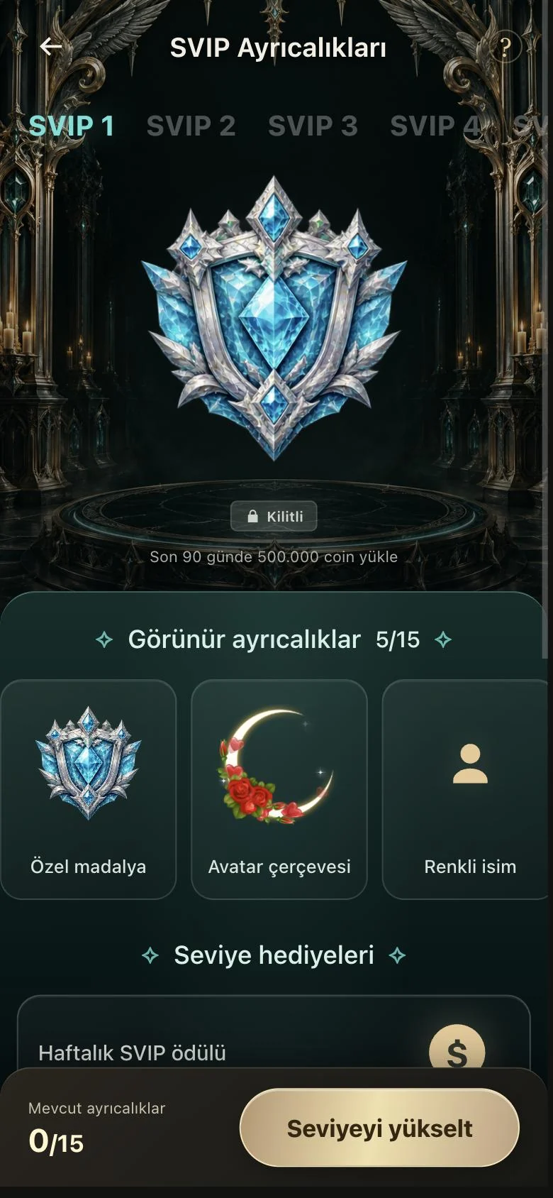 SVIP ayrıcalıkları ekranı
